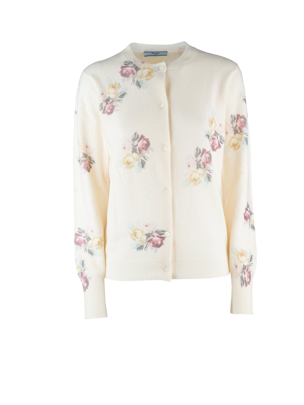 Back Triangle Logo Flower Printed Virgin Wool Cardigan