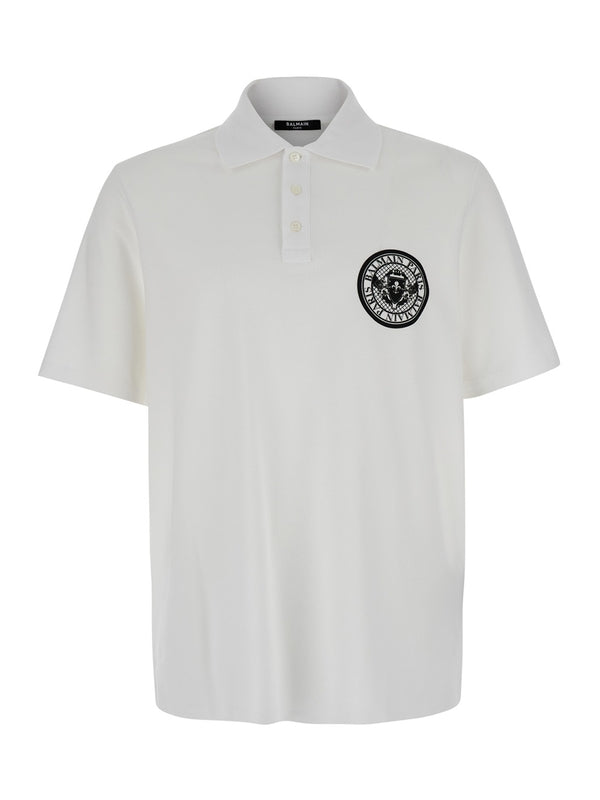 White Polo Shirt with Collar and Coin Print on the Front in Cotton Man Polo Shirts