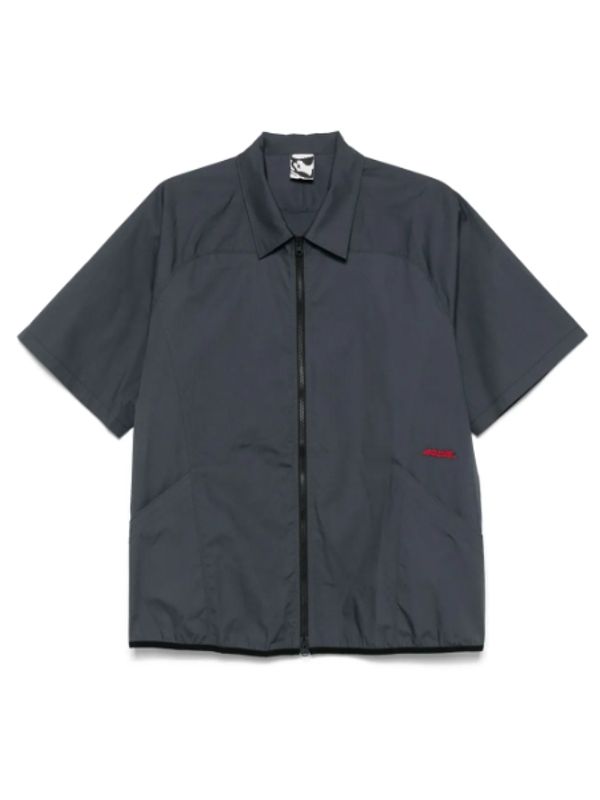 Logo Embroidery Poplin Cotton Zip Up Short Sleeve Shirt