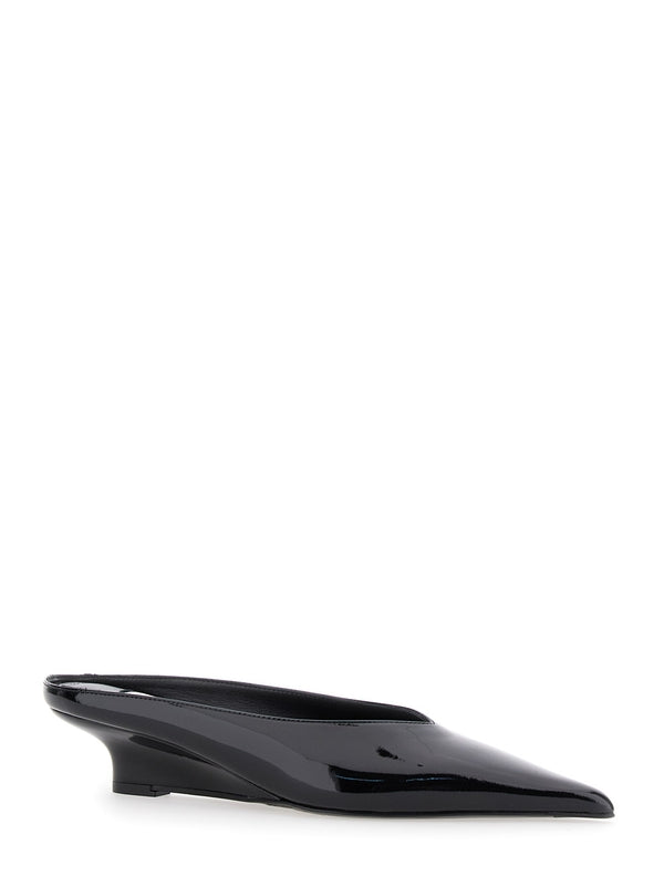 'Sharp' Black Wedge Mules in Patent Leather Woman Flat Shoes