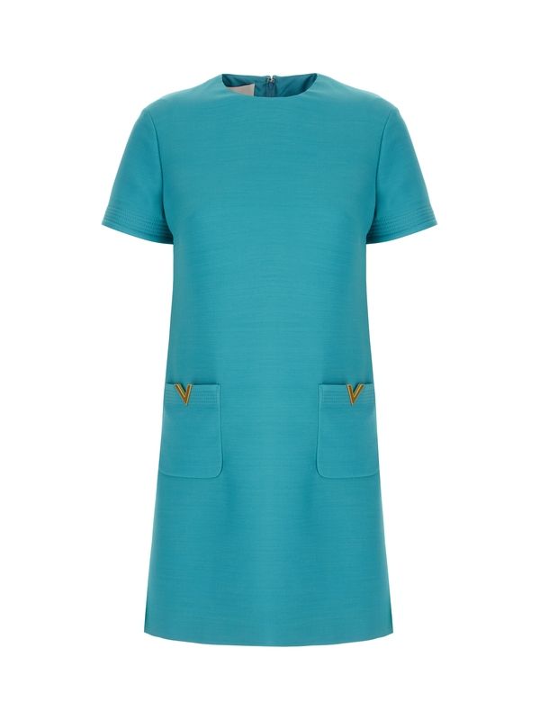 V Logo Pocket Wool Silk Dress