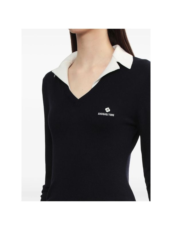 Patchwork Lapel Silk Cashmere Navy Knit