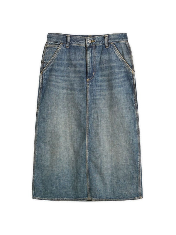 Single Knee Blue Denim Midi Skirt