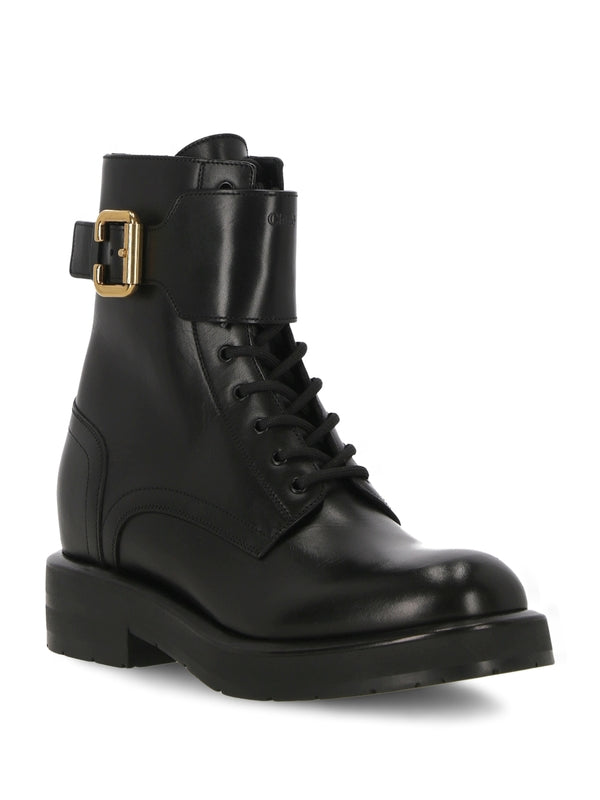 Buckle Detail Leather Lace-Up Boots