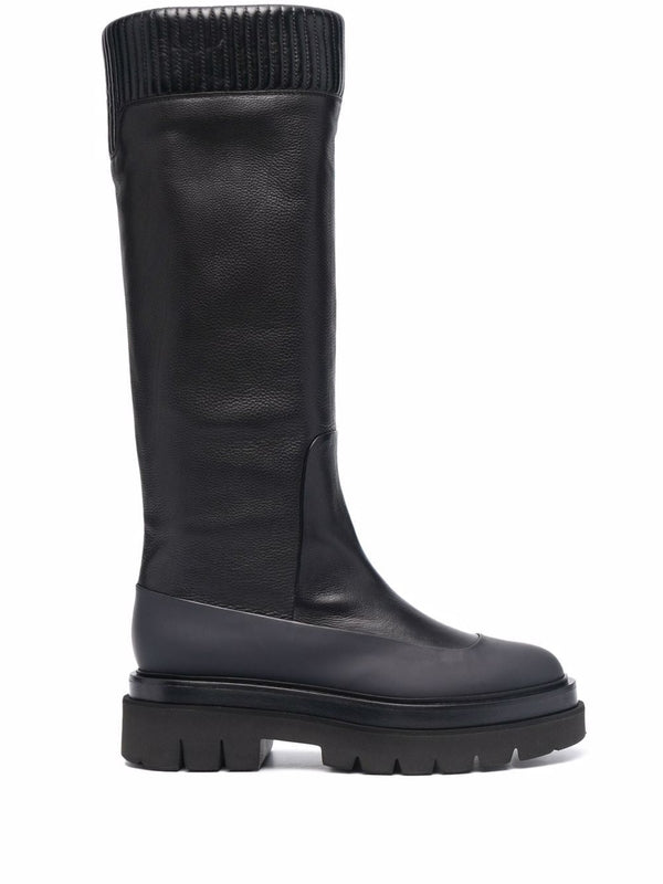 Rib Leather Knee-High Boots