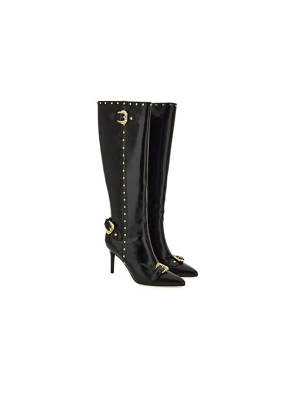 Stud Buckle Point Toe High Boots