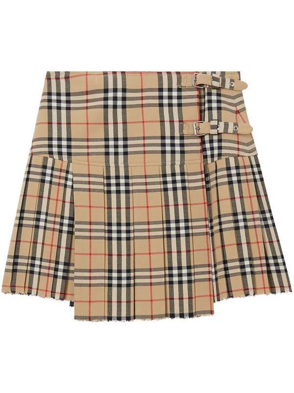 Vintage Check Asymmetric Pleated Wool
  Skirt