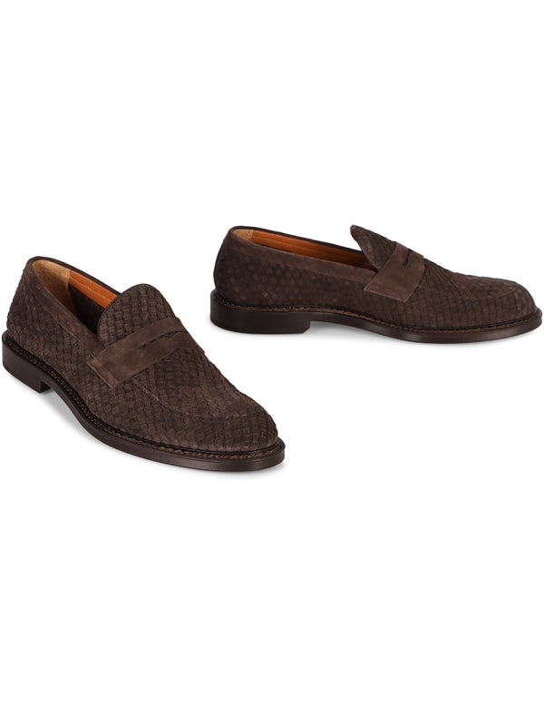 Braided Pattern Suede Penny Loafers