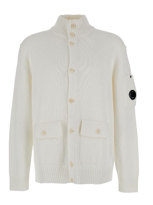 White Cardigan with High Neck and Lens Motif Applied on the Sleeve in Cotton Man Knitted