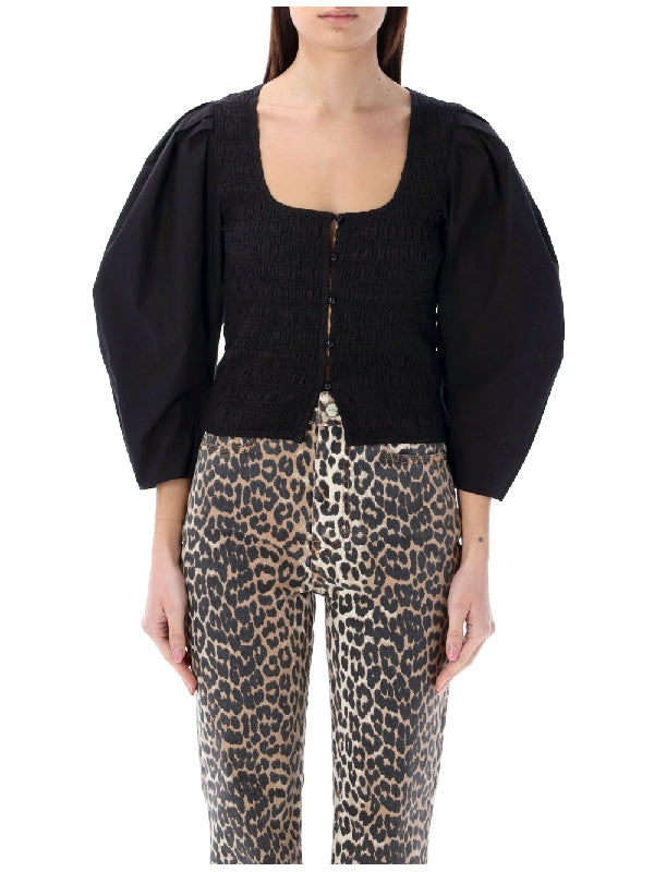 GANNI - Smocked Square-neck Puff Blouse - Jente
