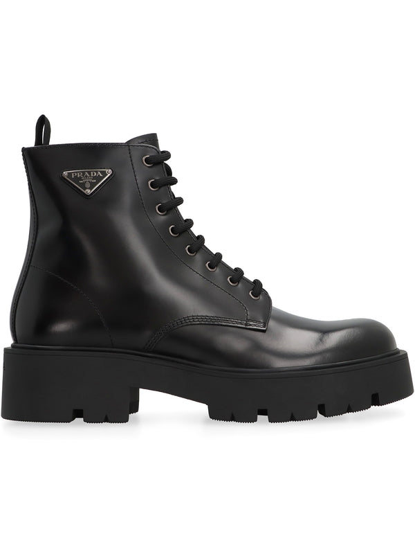 Triangular Logo Leather Laceup Boots