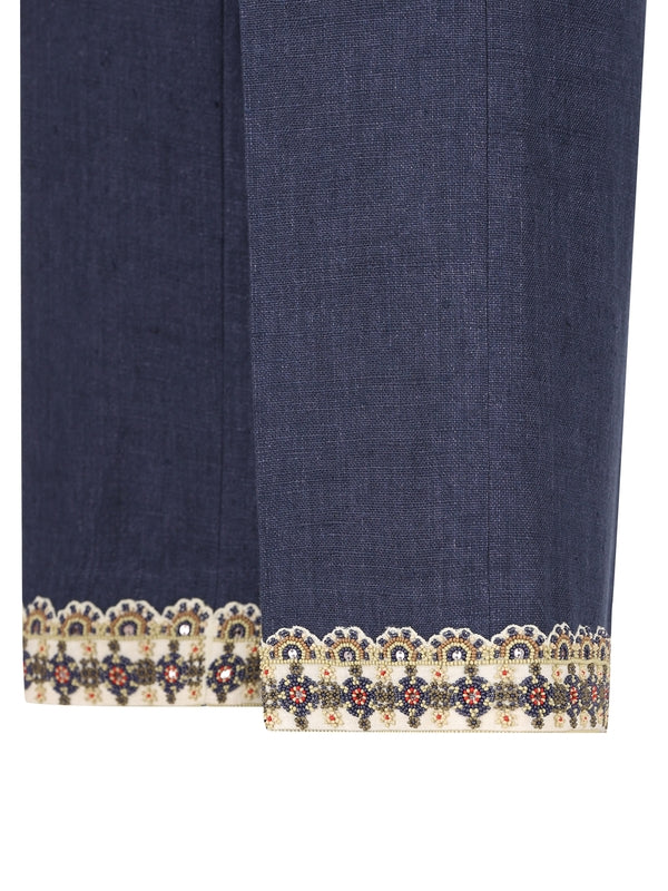 Bead Embroidered Hem Linen Pants