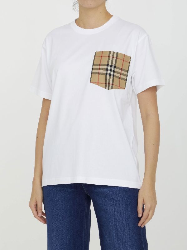 White Crewneck T-Shirt with Check Pocket in Cotton Woman Half Sleeve