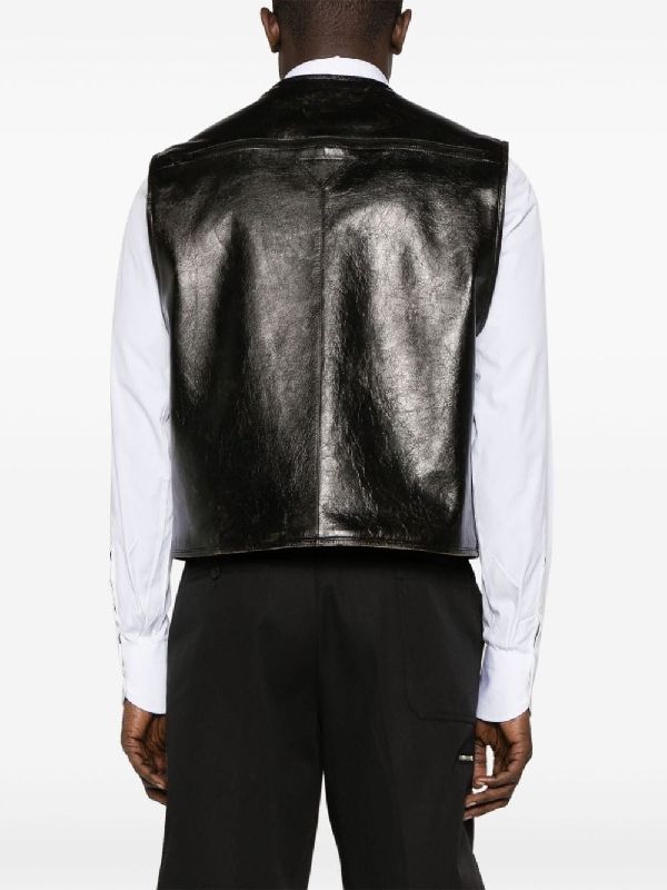 Back Triangle Logo Multi-Pocket Leather Vest