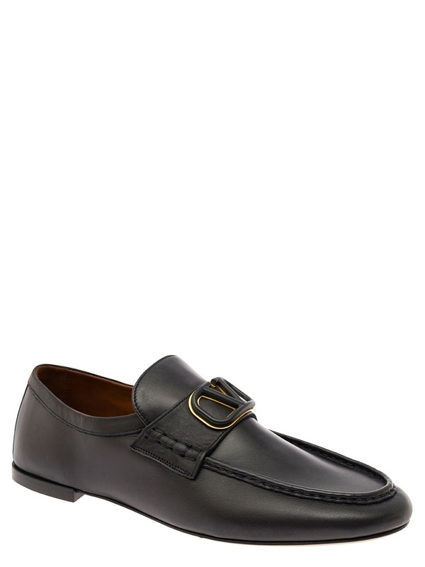 Black Slip-On Loafers with VLogo Detail in Leather Man Loafers
