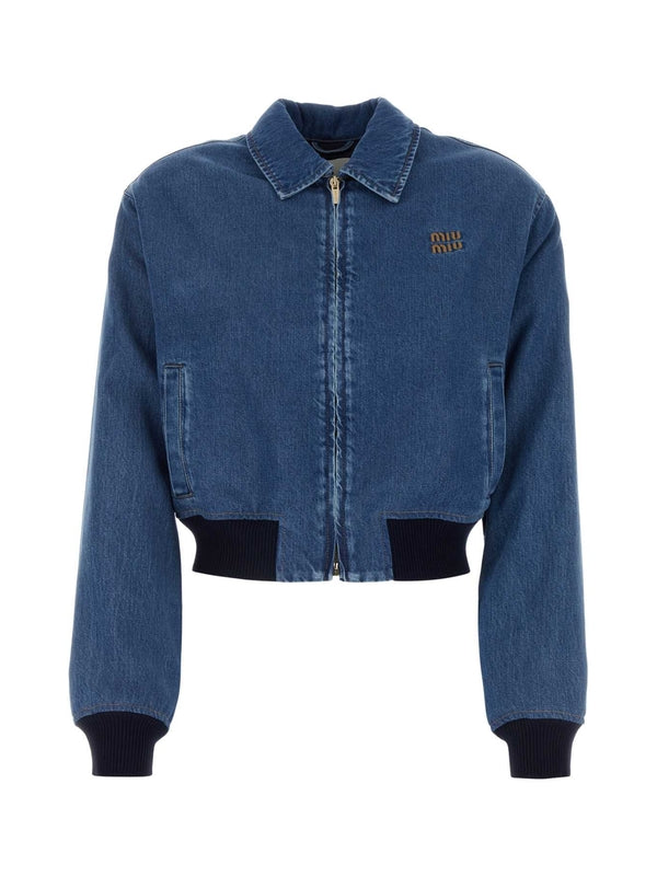 Logo Embroidered Denim Bomber Jacket