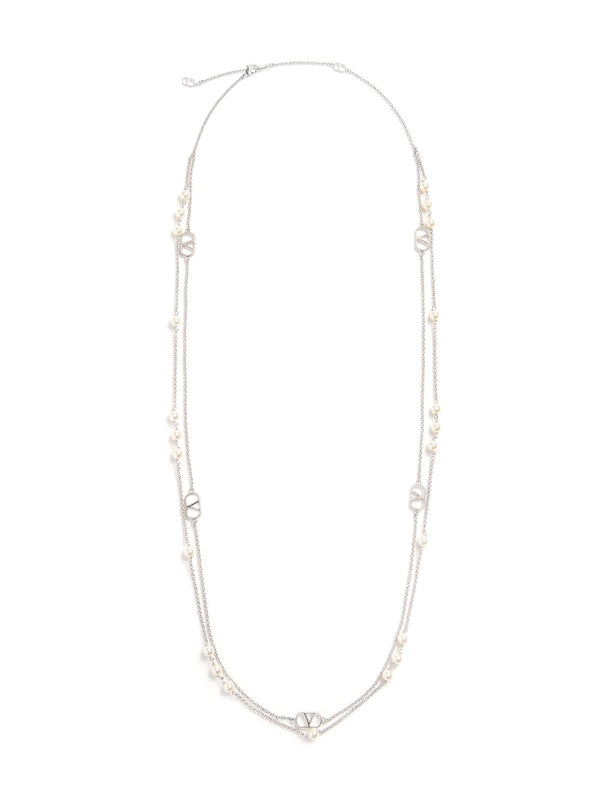 V Logo Pearl Accent Necklace