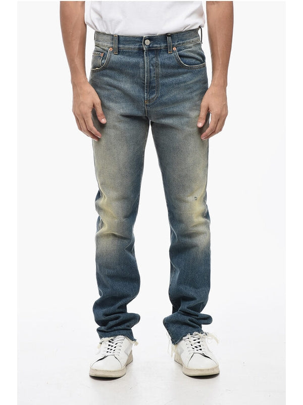 Skinny Fit Vintage Wash Denims with Fringed Hem 16cm Denim Pants