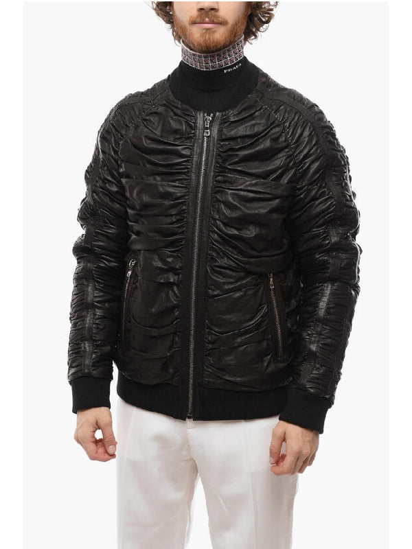 Ruched Leather Bomber