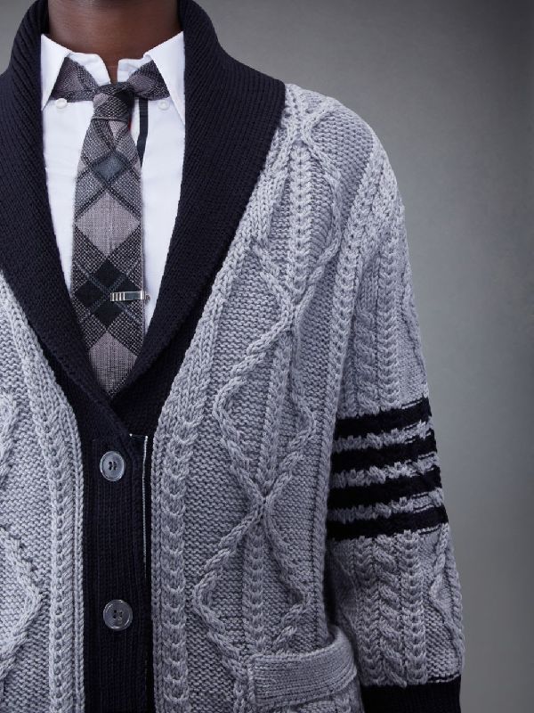 4-Bar Aran Cable Merino Shawl Collar
  Cardigan