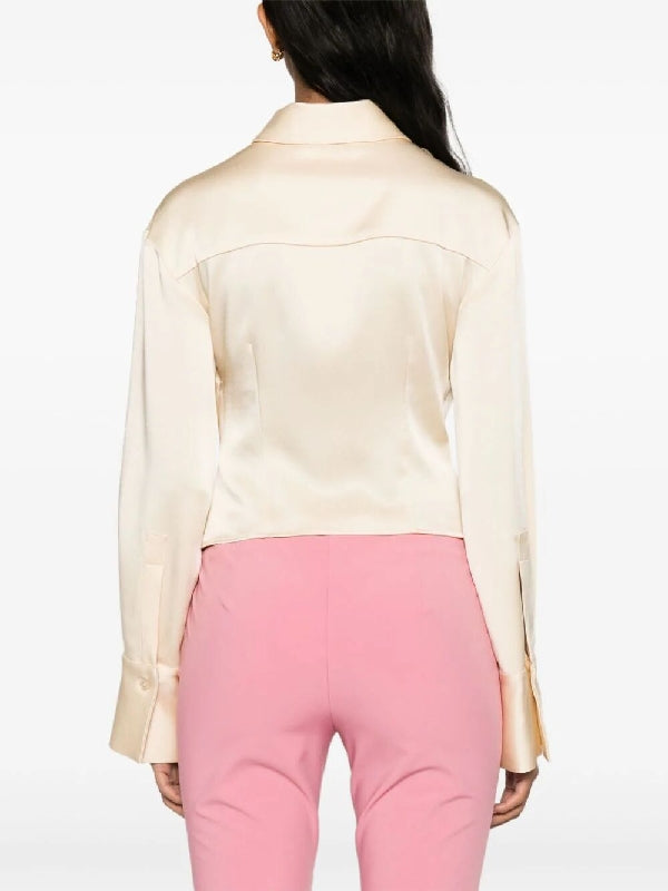 Satin Cowl Neck Decorated Crop Shirt