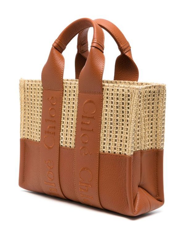 Woody Raffia Leather Small Tote Bag