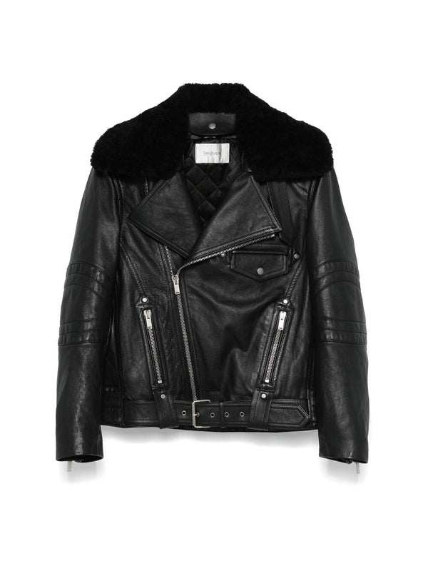 Shearling Collar Leather Biker
  Jacket