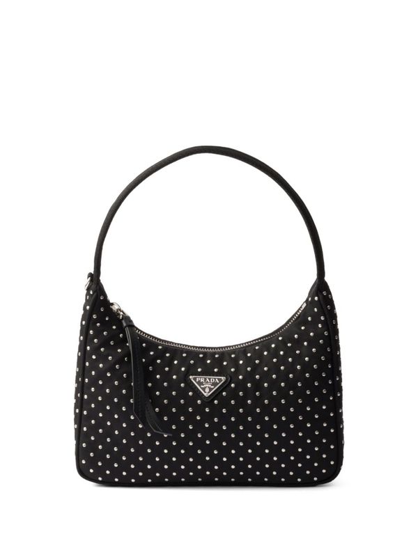 Triangle Logo Stud Detail Re-Nylon Leather Tote Bag