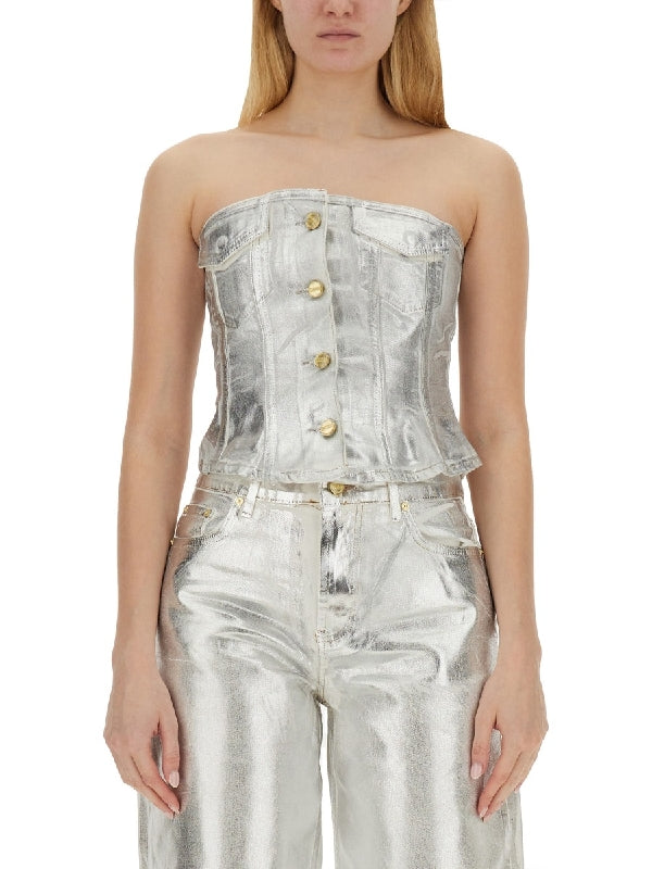 Silver Coated Denim Bustier Top