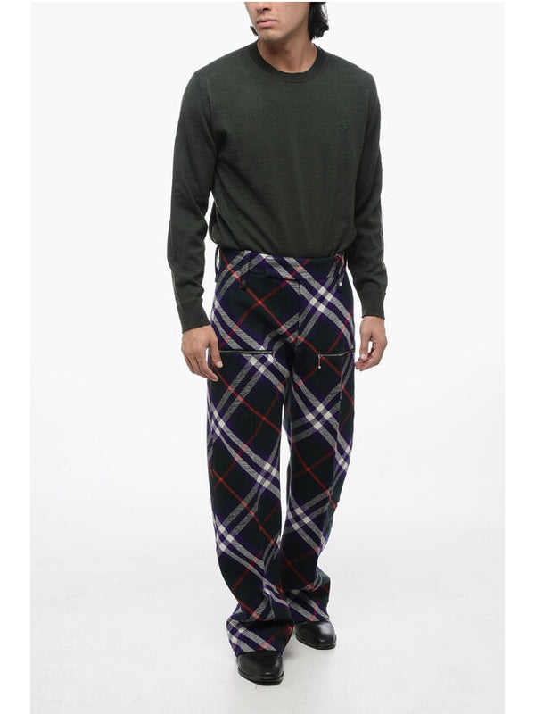 Zipper Detail Tartan Check Wool Pants