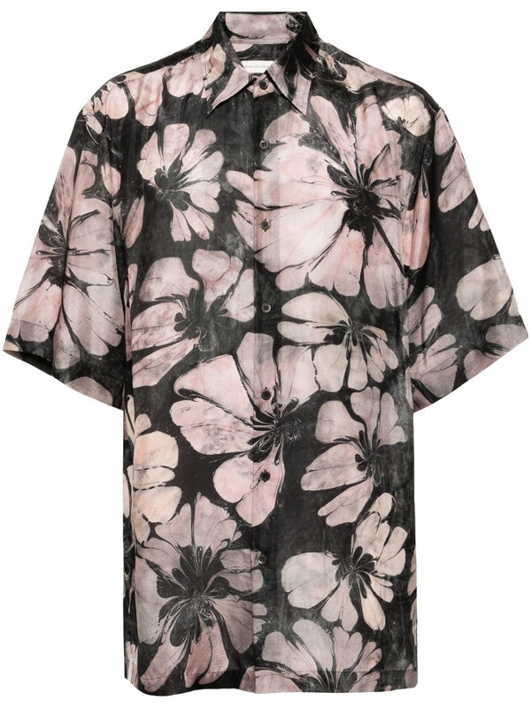 All-Over Floral Pattern Loose Fit Silk Short Sleeve Shirt