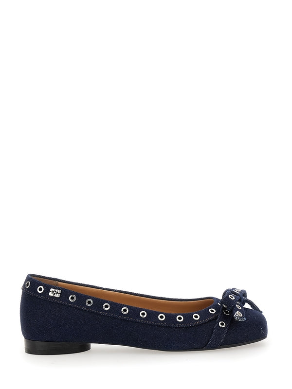 Bow Eyelet Detail Denim Flat Shoes