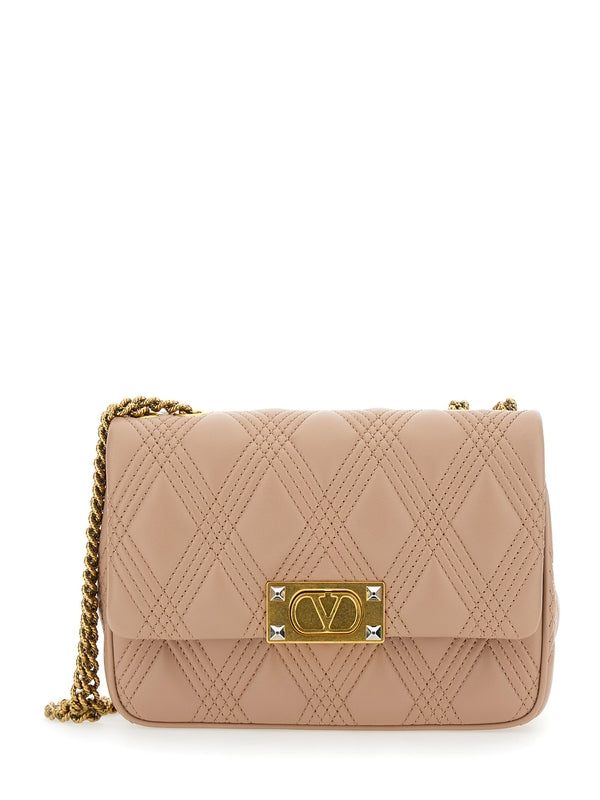 'Quiltie 67' Pink Shoulder Bag with VLogo Metallic Plate on the Front in Quilted Leather Woman Crossbody & Shoulder Bags