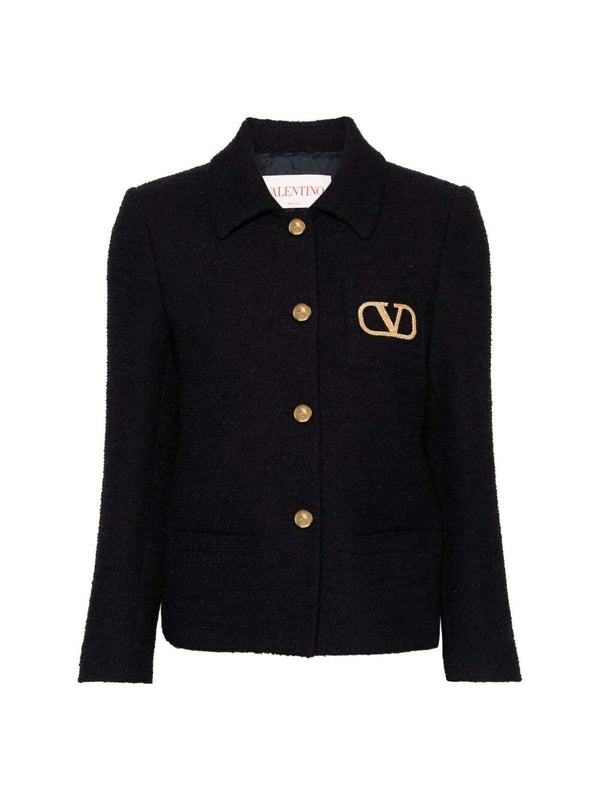 V Logo Embroidered Tweed Jacket