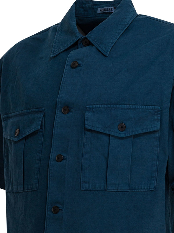 Auralee Product Dyed Finx Gabardine Blue Short Sleeve Shirt