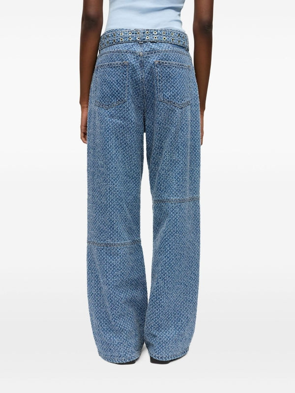 All Over Pattern Eyelet Belted Denim Pants