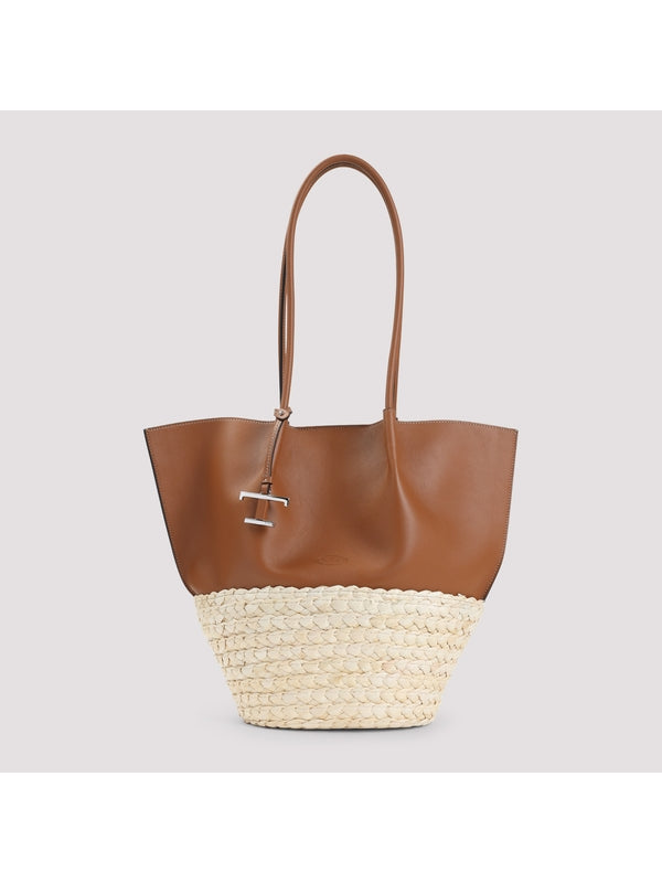 Bux T Logo Raffia Leather Tote Bag