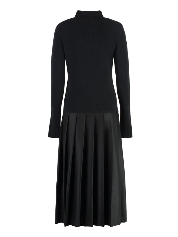 Wool Pleated Panel Midi Dress