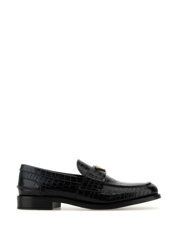 Triangle Logo Croc Effect Leather Loafer