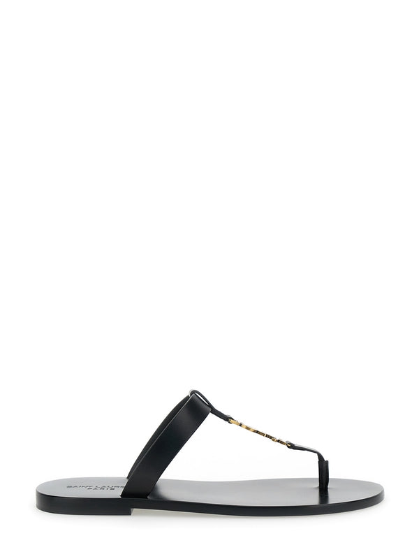 'Cassandre' Black Flat Sandals with a T-Strap in Leather Woman Flip Flops