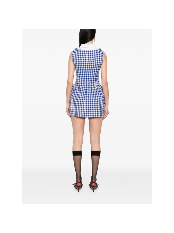 Gingham Check Pattern Wool Linen Mini Dress