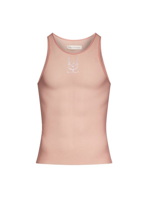 Logo Rhinestone Sheer Sleeveless Top