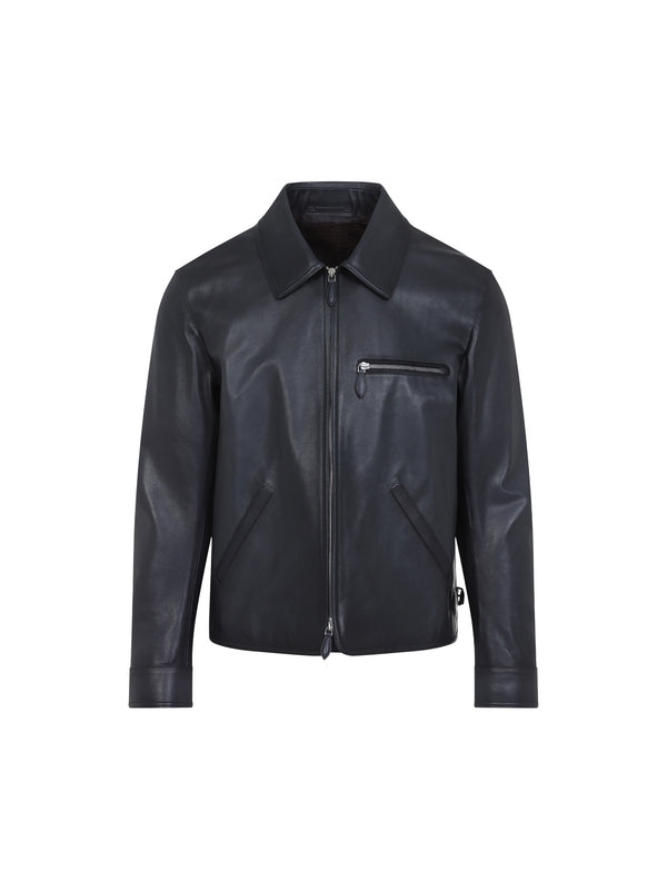 Pocket Detail Calfskin Zip-Up Jacket