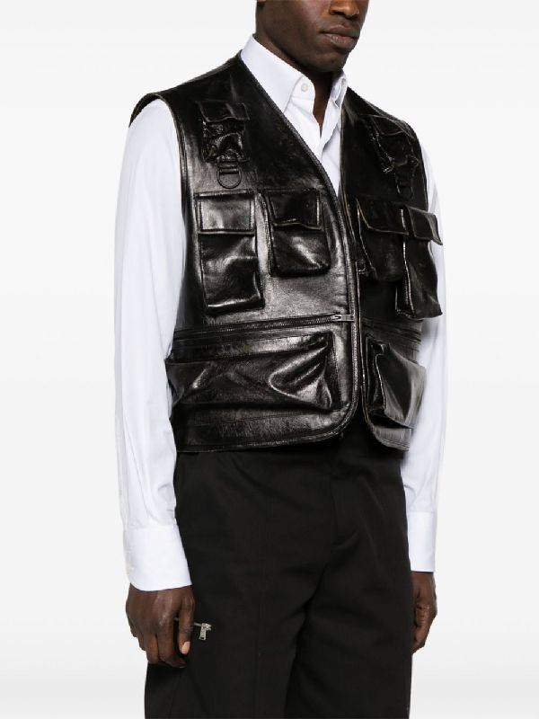 Back Triangle Logo Multi-Pocket Leather Vest