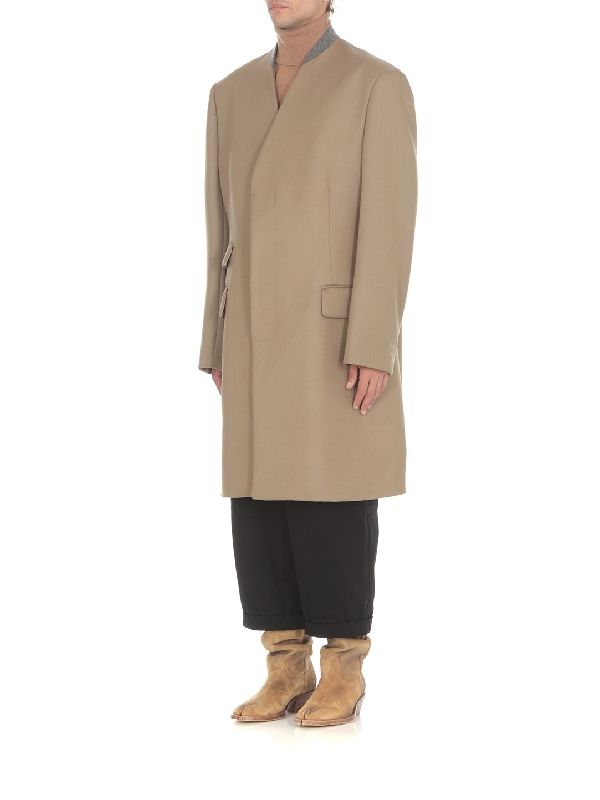 Backstitch Collarless Wool Coat