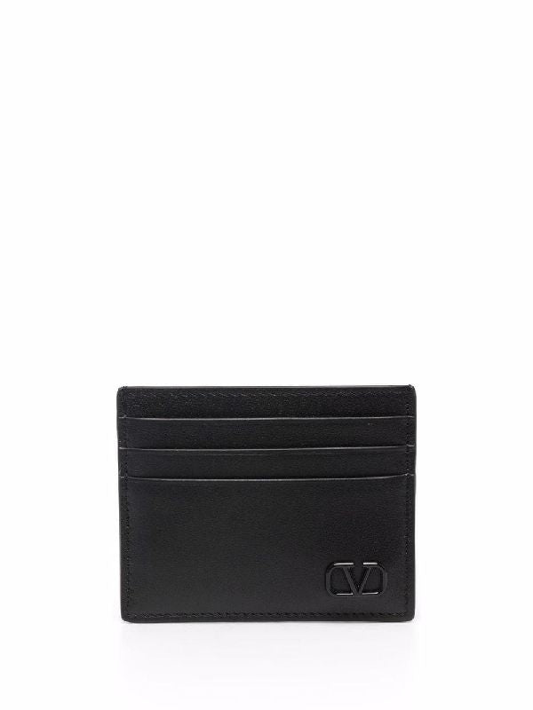 V Logo Leather Card Wallet