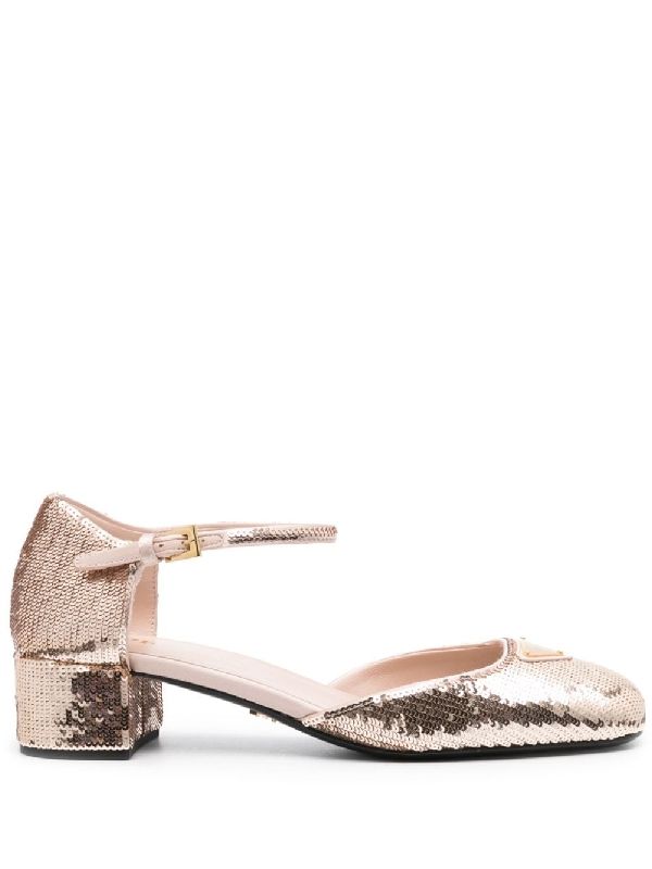 Triangle Logo Sequin Mary Jane Slingback Heel