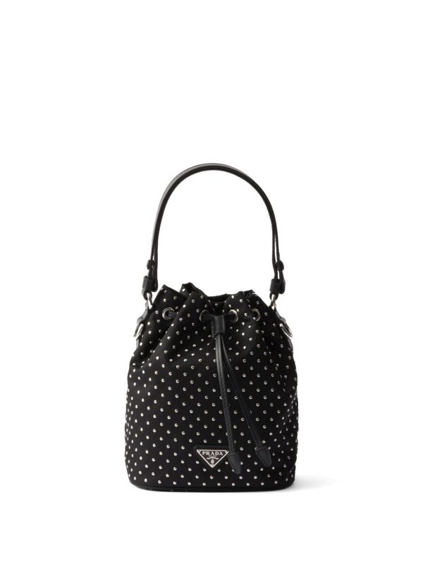 Triangle Logo Stud Detail Re-Nylon Leather Bucket Bag