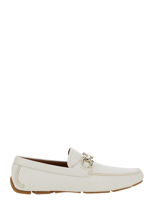 'Parigi' White Loafers with Gancini Plaque on the Front in Soft Leather Man Loafers