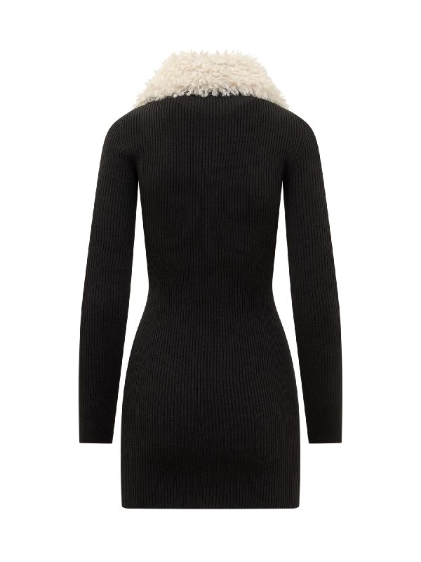 Fur Neck Stretch Wool Zip-Up Knit Dress